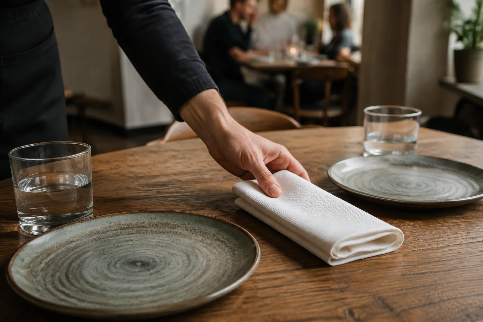 Illustrative restaurant service scene: a linen napkin being set beside ceramic plates on an oak table