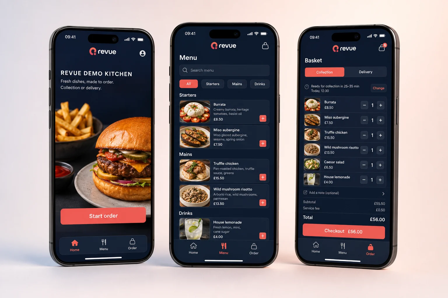 Three fictional Revue Demo Kitchen branded app screens for home, menu and order tracking