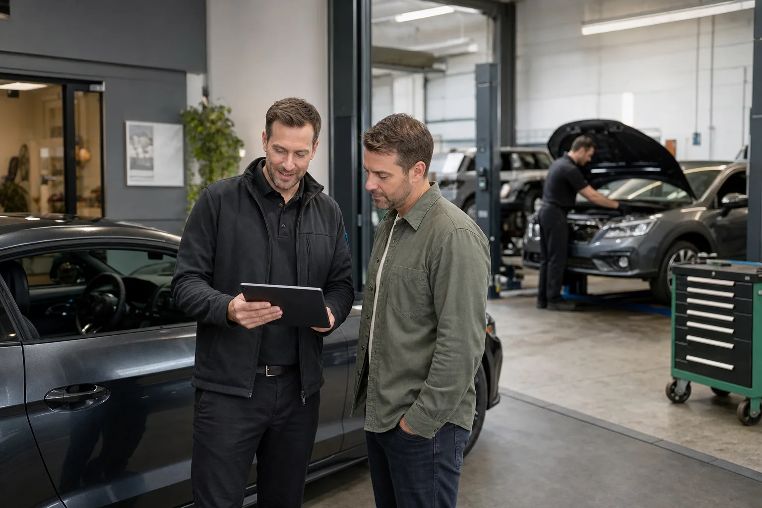 A garage service adviser checking a customer's vehicle booking