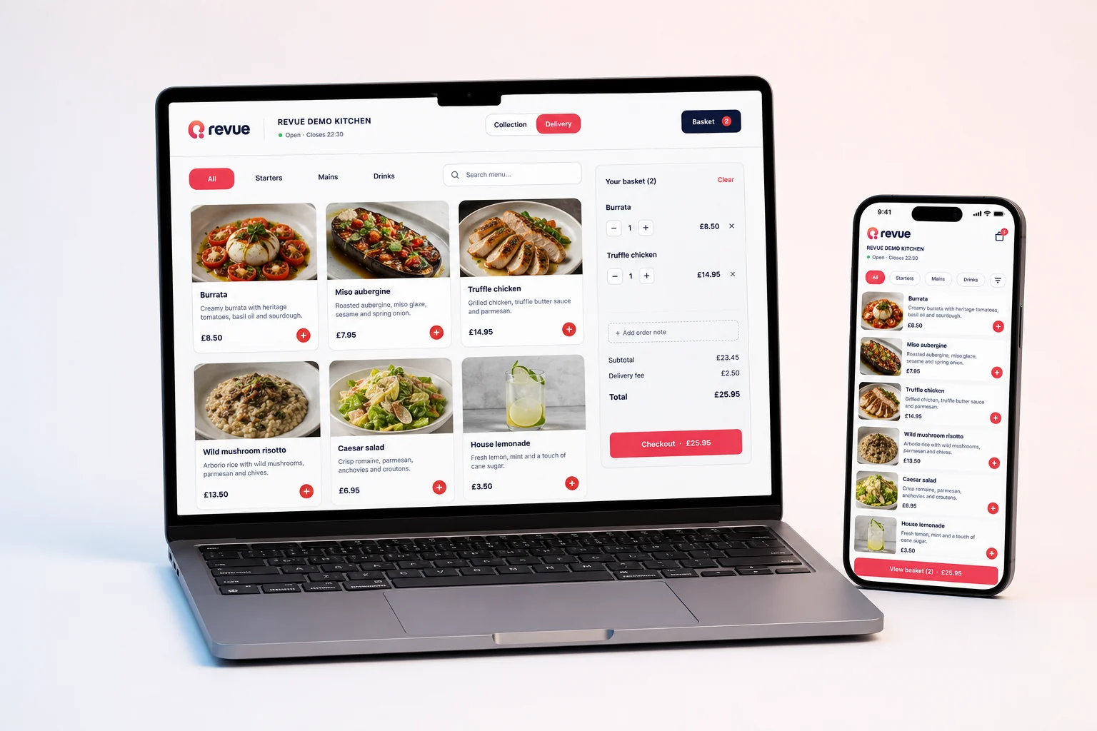 Illustrative responsive Revue Demo Kitchen website on laptop and mobile