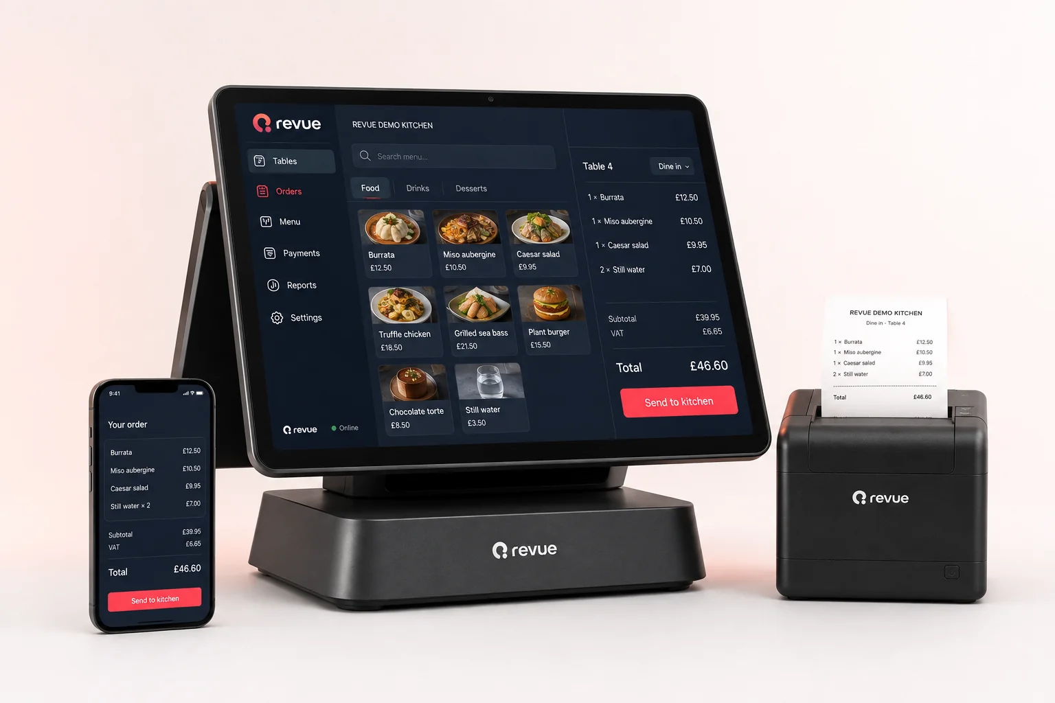 Revue Demo Kitchen restaurant POS shown on a tablet with a companion phone and receipt printer