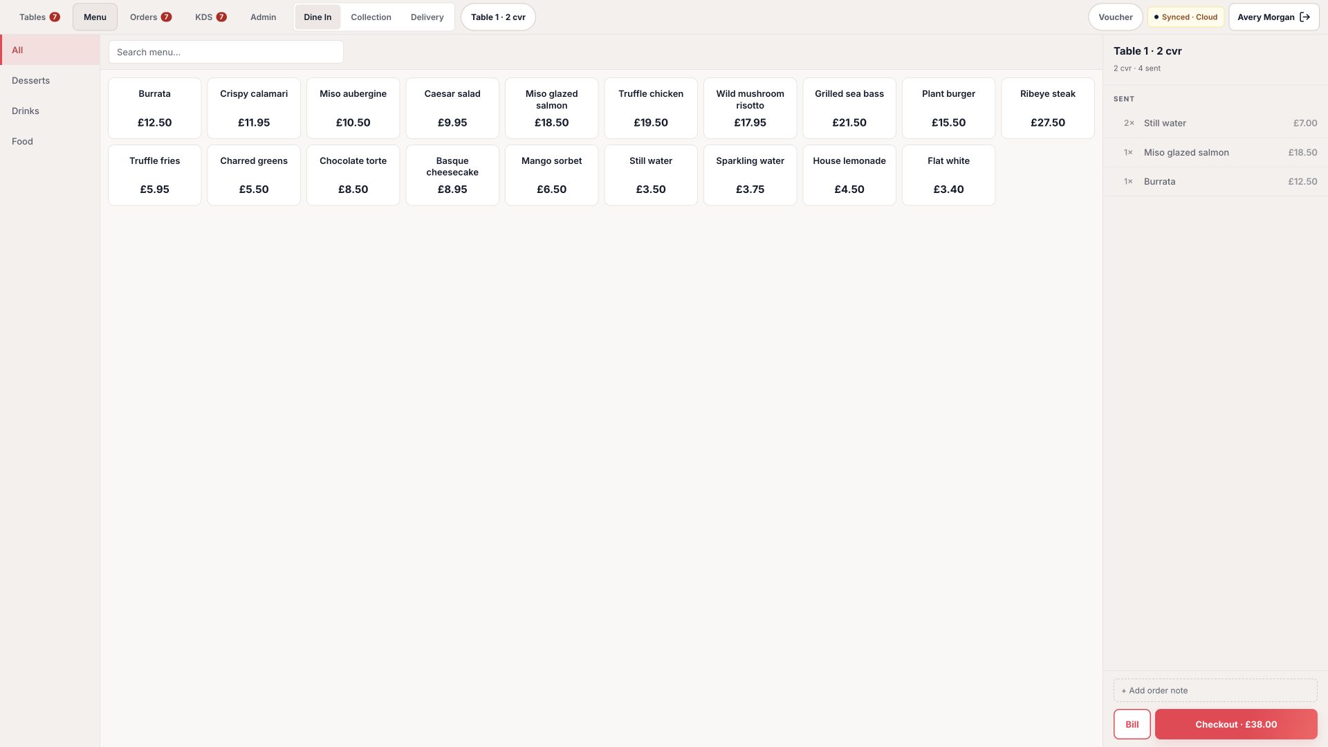 Revue POS on iPad Pro, showing the current Revue menu and order workspace with fictional order data