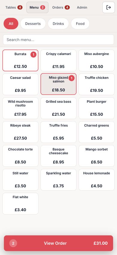 Revue POS on iPhone 16 Pro, showing fictional menu and order data