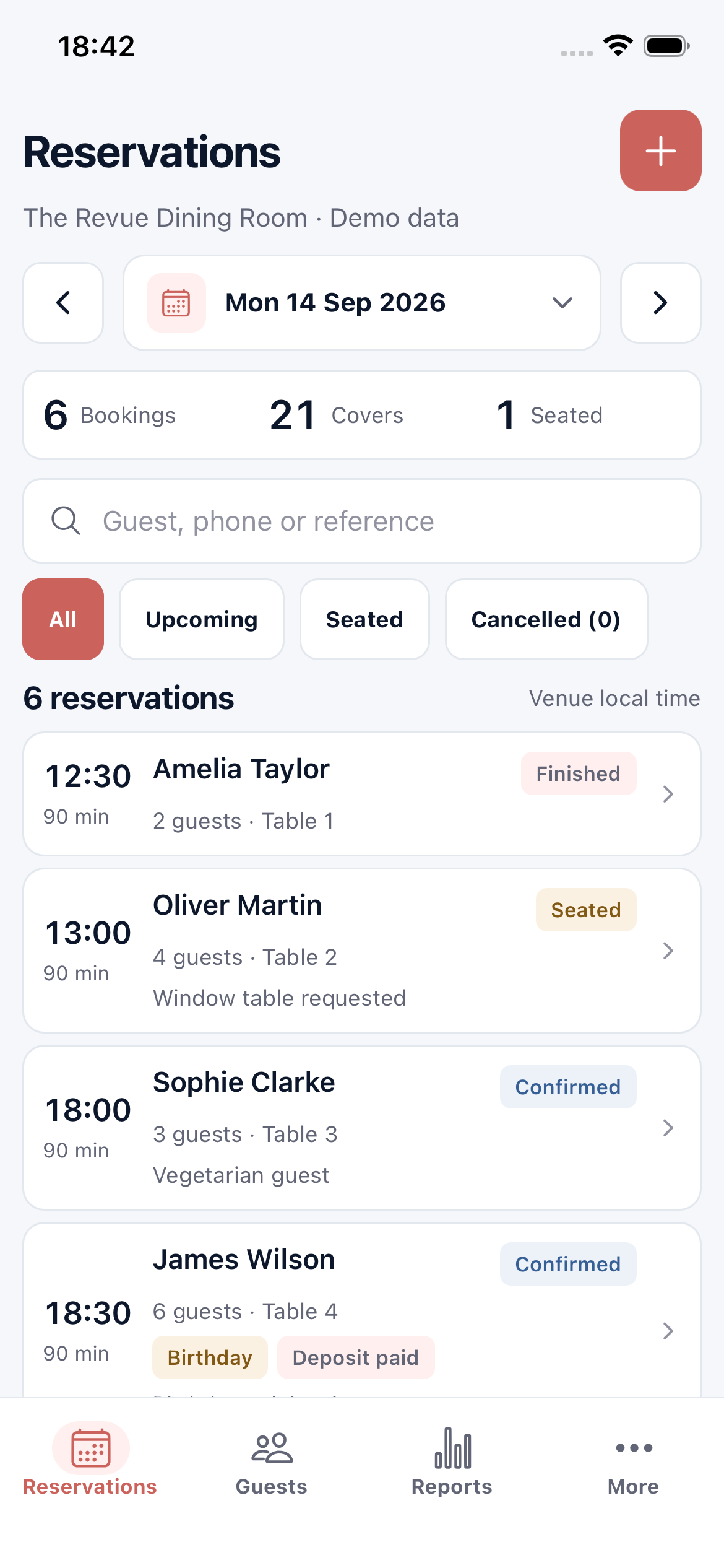 Current native Revue Reservations app on iPhone with fictional demo bookings